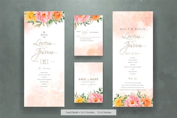 Fototapeta na wymiar Beautiful Watercolor Floral Wedding Invitation Set with Hand Drawn Peony and Leaves