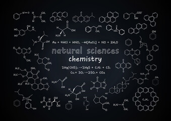 Background of a chalk board covered with written chemical formulas. Backdrop for natural sciences, chemistry.