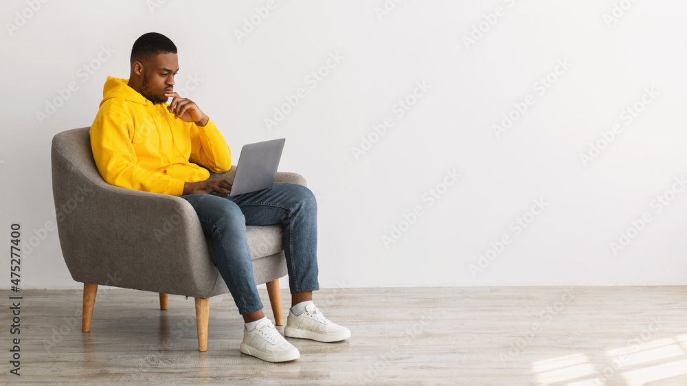 Sticker African American Man Using Laptop Thinking Working Online, Gray Background