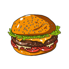 Burger with meat, tomato and cheese. Hand drawn colorful realistic style.
