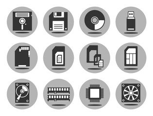 Data carriers and computer components icons set on the gray background. Vector illustration of flat pictogram with shadows.