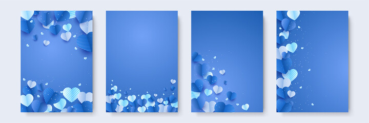 Shinning heart blue Papercut style Love card design background