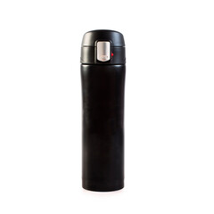 Black thermos for hot or cold drinks, coffee, tea. Fitness equipment. Isolated on white with clipping path.
