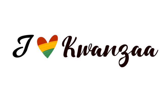 lettering quote I love Kwanzaa - African American heritage cultural holiday festival in USA, Heart with red, yellow, green stripes