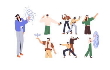 People in VR glasses play games in virtual augmented reality. Men and women with AR headset and controller set. Interactive entertainment technology. Flat vector illustrations isolated on white