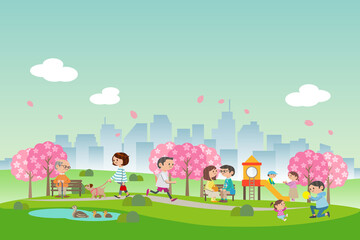 桜咲く春の公園でくつろぐ人々
