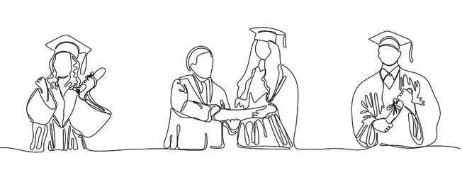 Continuous one line drawing graduates with diplomas. Concept of study, graduation and degree. Vector illustration