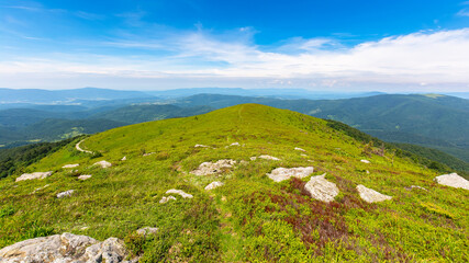 summer mountain landscape. beautiful nature background. view in to the distant valley. green alpine environment. blue sky with clouds. outdoor tourism concept