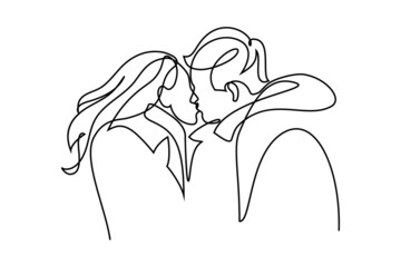 Kissing couple in continuous line art drawing style. Romantic moment of loving man and woman kissing. Black linear sketch isolated on white background. Vector illustration