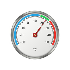 Round thermometer with color scale on white background. Temperature from minus 30 to plus 50 degrees Celsius. Vector illustration.