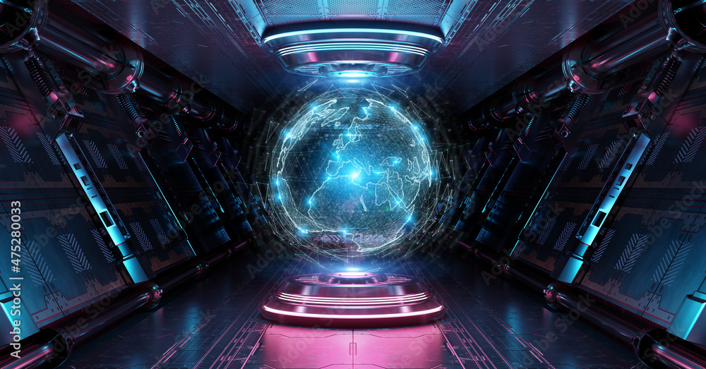 Leinwandbilder blue and pink spaceship interior with glowing world map. futuristic corridor in space station with p