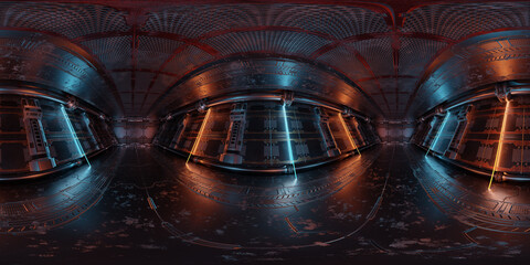 HDRI panoramic view of dark blue orange spaceship interior. High resolution 360 degrees panorama reflection mapping of a futuristic spacecraft 3D rendering