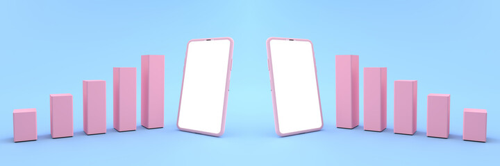 3D rendering of mockup pink smartphone white screen opposite of Mock up of pink graph and circle graph. Smartphone white screen can be used for commercial advertising, Isolated on blue background.