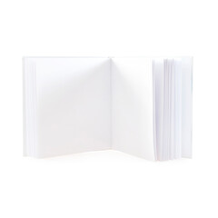Open blank notebook, book with white sheets on white background. Studio shot.