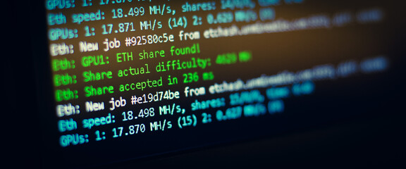 Cryptocurrency mining on a computer closeup