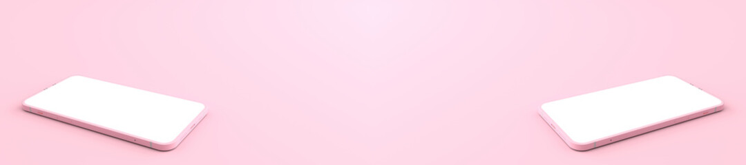 3D rendering of mockup pink Smartphone white screen on pink floor, Pink Mobile phone tilted and lay down on the ground. Smartphone white screen can be used for advertising,Isolated on pink background.