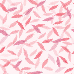 Falling detailed red, pink, purple majestic feathers seamless pattern. Vector illustration isolated on white background.