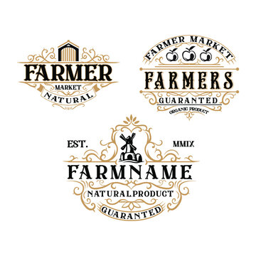 set of vintage labels. Logotypes or badges design. Trendy vintage style illustration, farm natural organic products food.