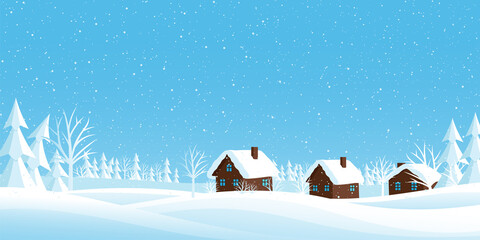 Winter landscape with snow covered houses and trees in the snow.
