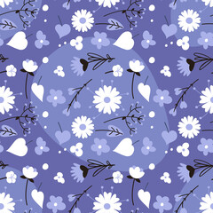 Blue Violet Seamless pattern with different flowers. Vector illustration in simple hand drawn style, Template for fabric, textile, wrapping paper or other