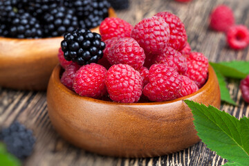 harvested red raspberries, close up
