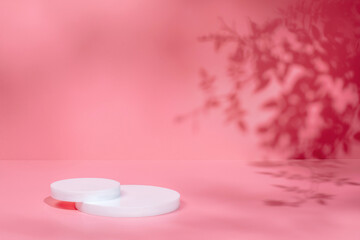 Abstract minimal nature scene - empty stage and circle podium on pink background and soft shadows...