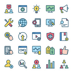 Filled outline icons for search engine optimization.