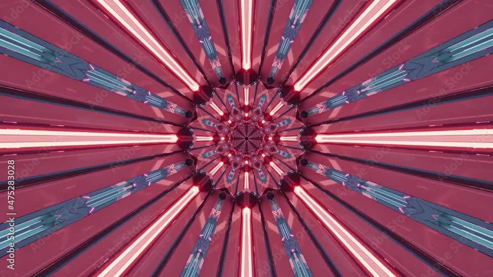 Poster a 3d animation of futuristic kaleidoscope patterns in dark red and blue colors
