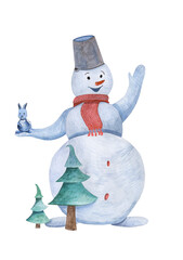 Snowman with a bucket on his head and a hare on his 
hand. Watercolor illustration on white background