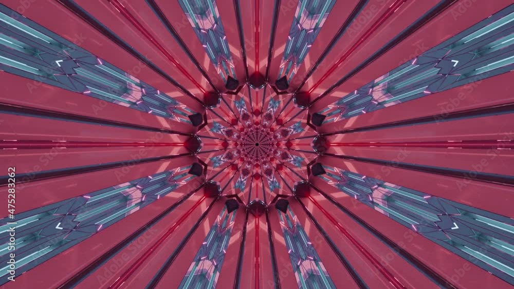 Poster a 3d animation of futuristic kaleidoscope patterns in dark red and blue colors
