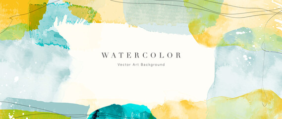 Watercolor art background vector. Wallpaper design with paint brush and gold line art. Earth tone beige watercolor Illustration for prints, wall art, cover and invitation cards. © TWINS DESIGN STUDIO