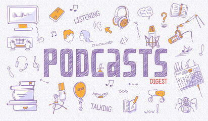 Horizontal Internet banner for podcast creators, hosts. Special equipment: microphone, headphones, mixer, computer. Blue outline icons, white background. Line art illustration, panoramic view, vector