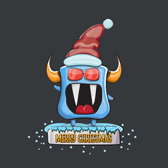 Vector cartoon funky blue monster with Santa Claus red hat isolated on grey background. Childrens Merry Christmas greeting card with funny monster elf Santa Claus.