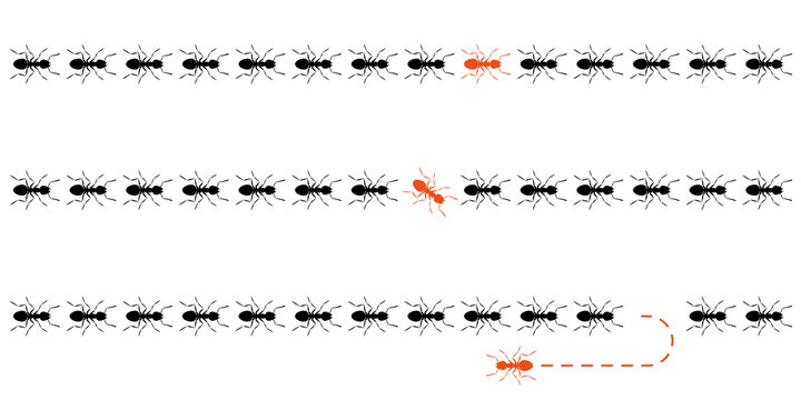 Think differently concept. Ants marching and one changing direction. One ant going out of line. Different way, new idea, new path, innovation. Be yourself business metaphor.