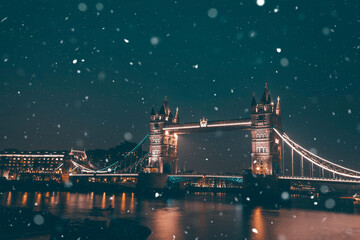 Famous Tower Bridge in the evening snow, London, England