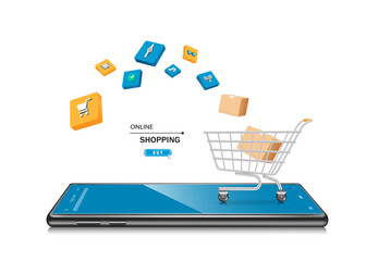 Boxes and parcels float in a shopping cart placed on top of the smartphone,vector 3d isolated on white background for online shopping advertising design