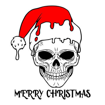 Vector Christmas skull illustration. Hand drawn skull in Santa hat. Inscription Merry Christmas. Print t shirt design.