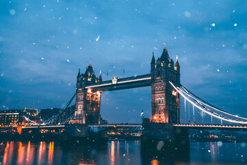 Famous Tower Bridge in the evening snow, London, England