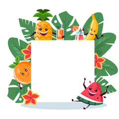 Funny frame with tropical leaves, fruits and flowers. Background for invitations, promotions, sales and events. Vector illustration.