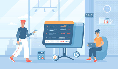 Cryptocurrency marketplace. Cyber banking, coin trading and transactions. Digital currency, blockchain. Flat cartoon vector illustration with people characters for banner, website design, landing web