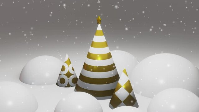 Abstract 3d conical patterned Christmas trees rotating on a light gray background. 4k.