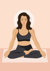 Girl sitting in a lotus position in dark gray tracksuit practicing meditation. on a light background with a pet. Vector illustration. Yoga poster