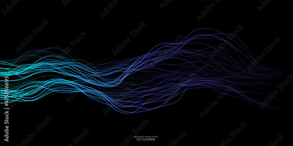 Poster abstract vector wave lines green and blue colors isolated on black background for design elements in