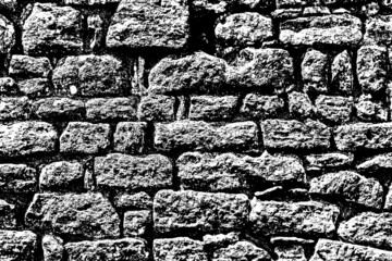 Old grungy dirty retro brick wall of ancient city. Uneven dark pitted peeled surface brickwork of cellar worn. Ruined solid bumpy stiff blocks. Hard messy ragged holes brickwall for 3D grunge design
