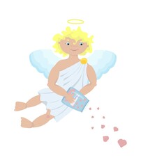 Cupid scatters hearts. gives love. cute boy with golden hair. halo above the head. vector illustration