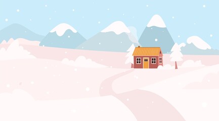 Winter house background. Snowy scene with a cottage. Flat vector illustration