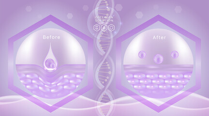 Hyaluronic acid before and after skin solutions ad, purple collagen serum drops with cosmetic advertising background ready to use, illustration vector.