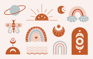 Colorful set of cute kids boho elements. Modern design kids illustration template in scandinavian style. Editable vector illustration © Elena