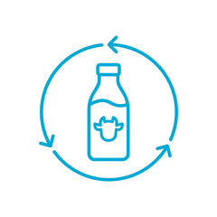 Reusable milk bottle line icon. Refillable glass milk bottle with recycle arrows. Eco friendly sustainable packaging. Returnable fresh milk container. Zero waste. Vector illustration, flat, clip art. 