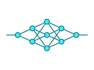 Neural network line icon. Machine learning technology. Deep learning. Artificial intelligence. Data processing scheme. Input, intermediate layers, output. Blue diagram. Vector illustration, clip art.